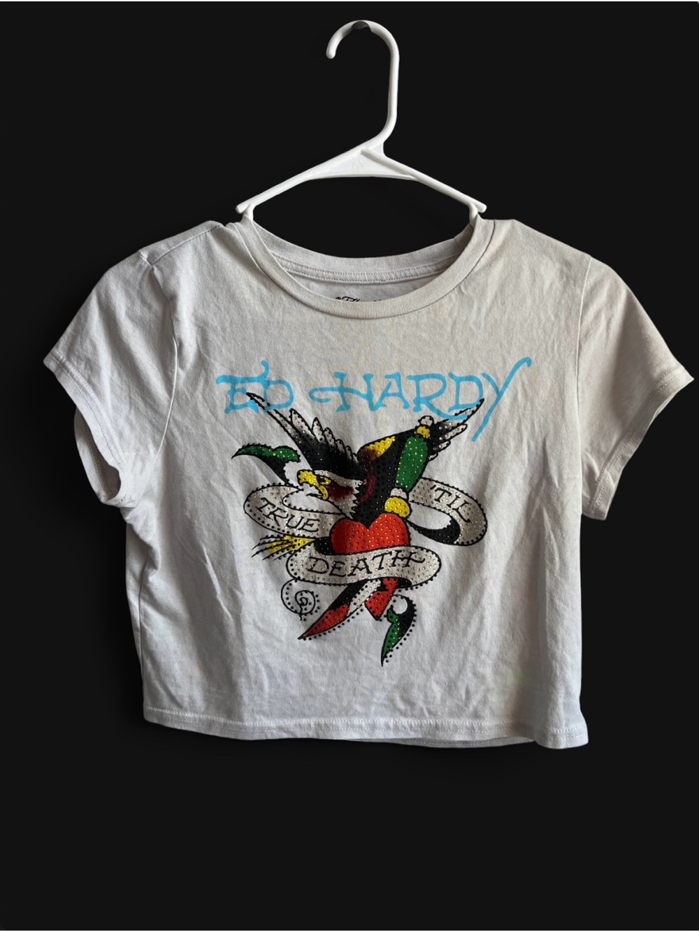 Ed Hardy White Crop Tee with Multi-Color Tattoo Heart Graphic